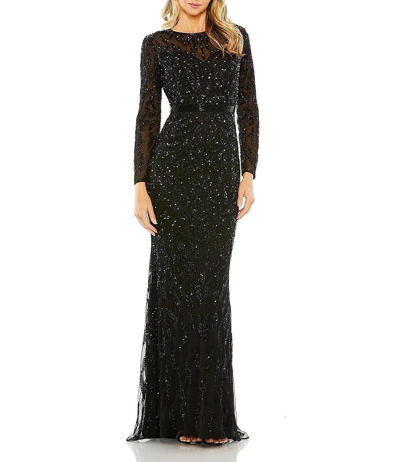 Mac Duggal Long Sleeve Sequin Crew Neck Fully Lined Sheath Gown