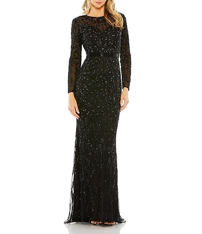Mac Duggal Long Sleeve Sequin Crew Neck Fully Lined Sheath Gown