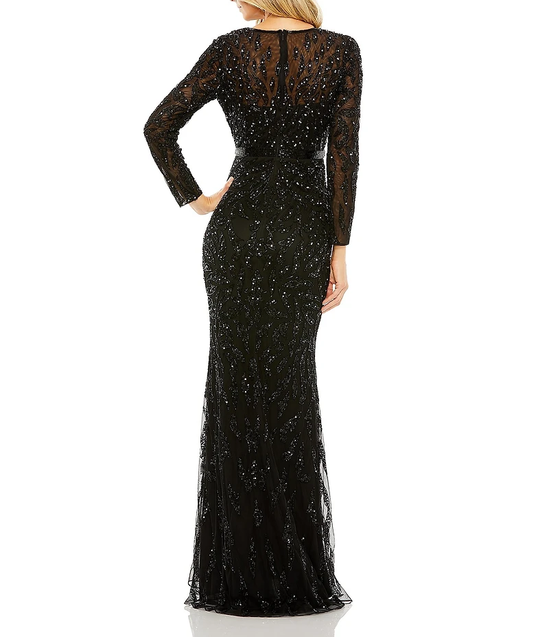 Mac Duggal Long Sleeve Sequin Crew Neck Fully Lined Sheath Gown