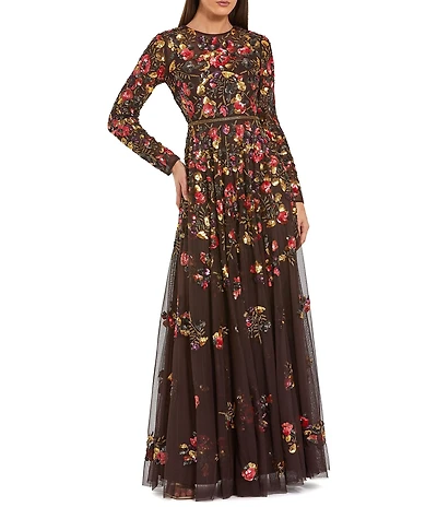 Mac Duggal Long Sleeve Beaded Floral Gown