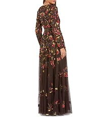Mac Duggal Long Sleeve Beaded Floral Gown