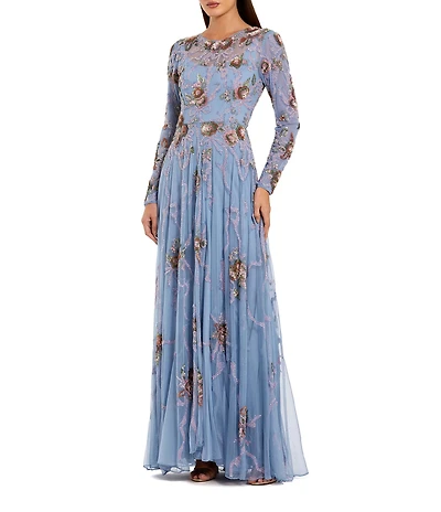 Mac Duggal Long Sleeve Beaded Mesh Illusion Crew Neck A Line Gown