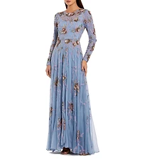 Mac Duggal Long Sleeve Beaded Mesh Illusion Crew Neck A Line Gown