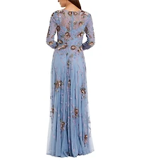 Mac Duggal Long Sleeve Beaded Mesh Illusion Crew Neck A Line Gown