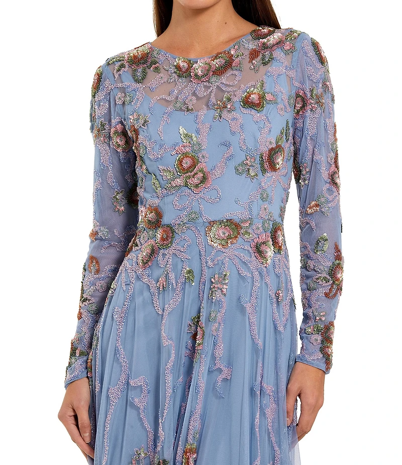 Mac Duggal Long Sleeve Beaded Mesh Illusion Crew Neck A Line Gown