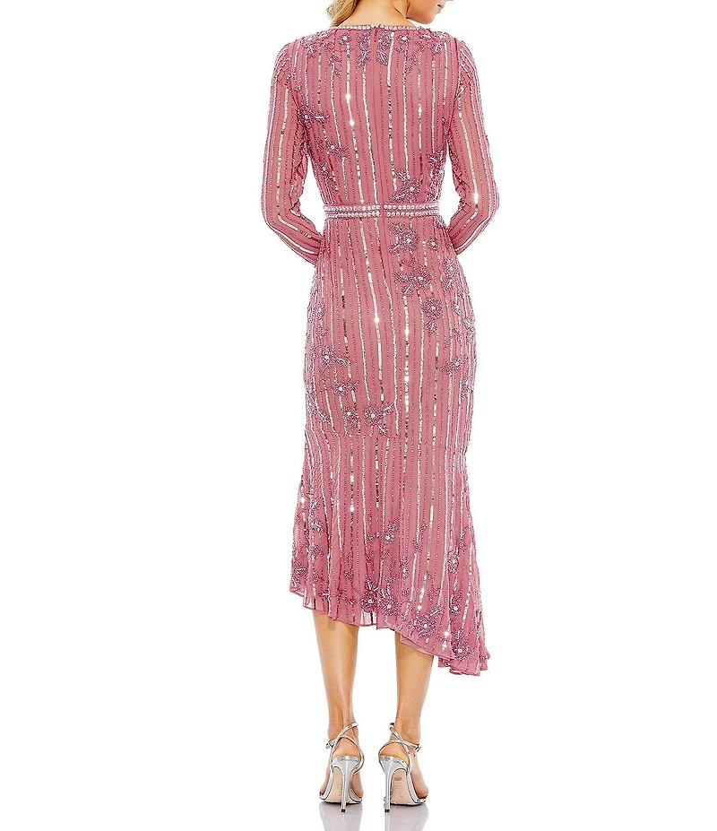 Mac Duggal Long Sleeve Beaded Sequin Flounce Asymmetrical Hem Dress