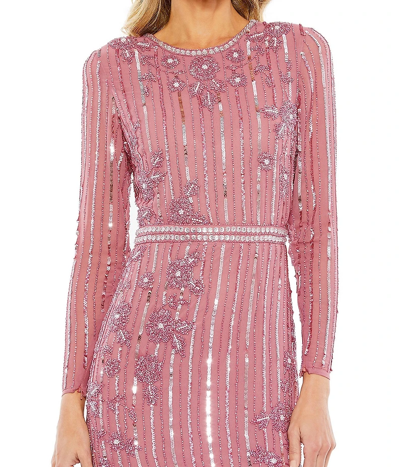 Mac Duggal Long Sleeve Beaded Sequin Flounce Asymmetrical Hem Dress