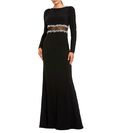 Mac Duggal Long Sleeve With Mesh Beading Detail Crepe Long Dress