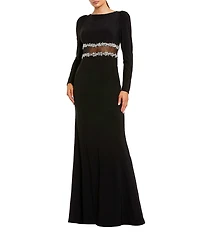 Mac Duggal Long Sleeve With Mesh Beading Detail Crepe Long Dress