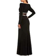 Mac Duggal Long Sleeve With Mesh Beading Detail Crepe Long Dress