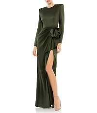 Mac Duggal Long Sleeve Crew Neck Ruched Waist Draped Bow Thigh High Slit Satin A-Line Gown