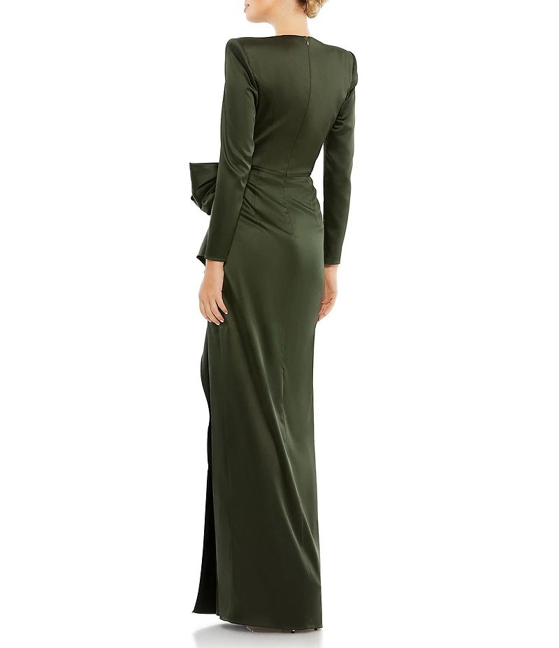 Mac Duggal Long Sleeve Crew Neck Ruched Waist Draped Bow Thigh High Slit Satin A-Line Gown