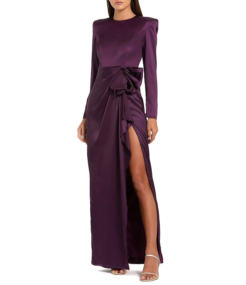 Mac Duggal Long Sleeve Crew Neck Ruched Waist Draped Bow Thigh High Slit Satin A-Line Gown