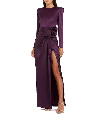 Mac Duggal Long Sleeve Crew Neck Ruched Waist Draped Bow Thigh High Slit Satin A-Line Gown