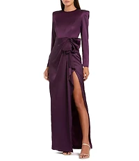 Mac Duggal Long Sleeve Crew Neck Ruched Waist Draped Bow Thigh High Slit Satin A-Line Gown