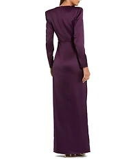 Mac Duggal Long Sleeve Crew Neck Ruched Waist Draped Bow Thigh High Slit Satin A-Line Gown