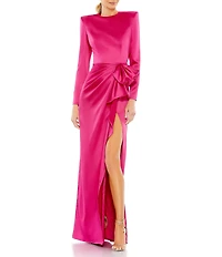 Mac Duggal Long Sleeve Crew Neck Ruched Waist Draped Bow Thigh High Slit Satin A-Line Gown