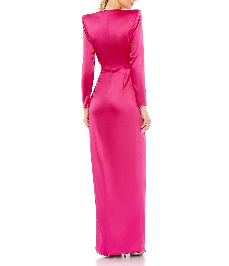 Mac Duggal Long Sleeve Crew Neck Ruched Waist Draped Bow Thigh High Slit Satin A-Line Gown
