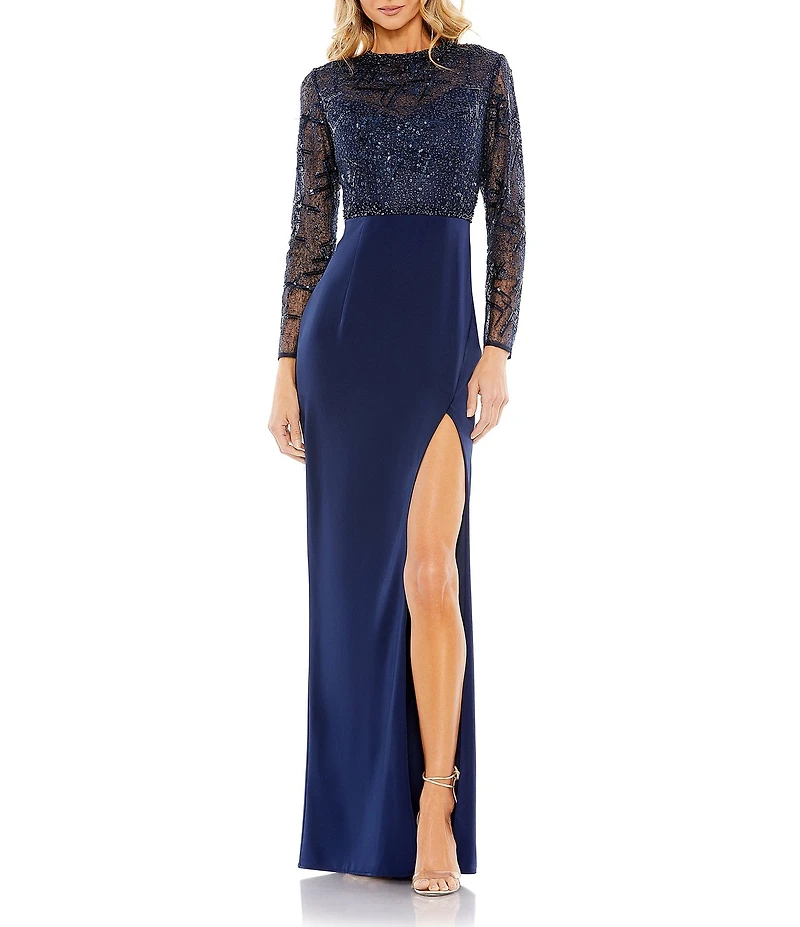 Mac Duggal Long Sleeve Embellished Bodice Crepe Gown