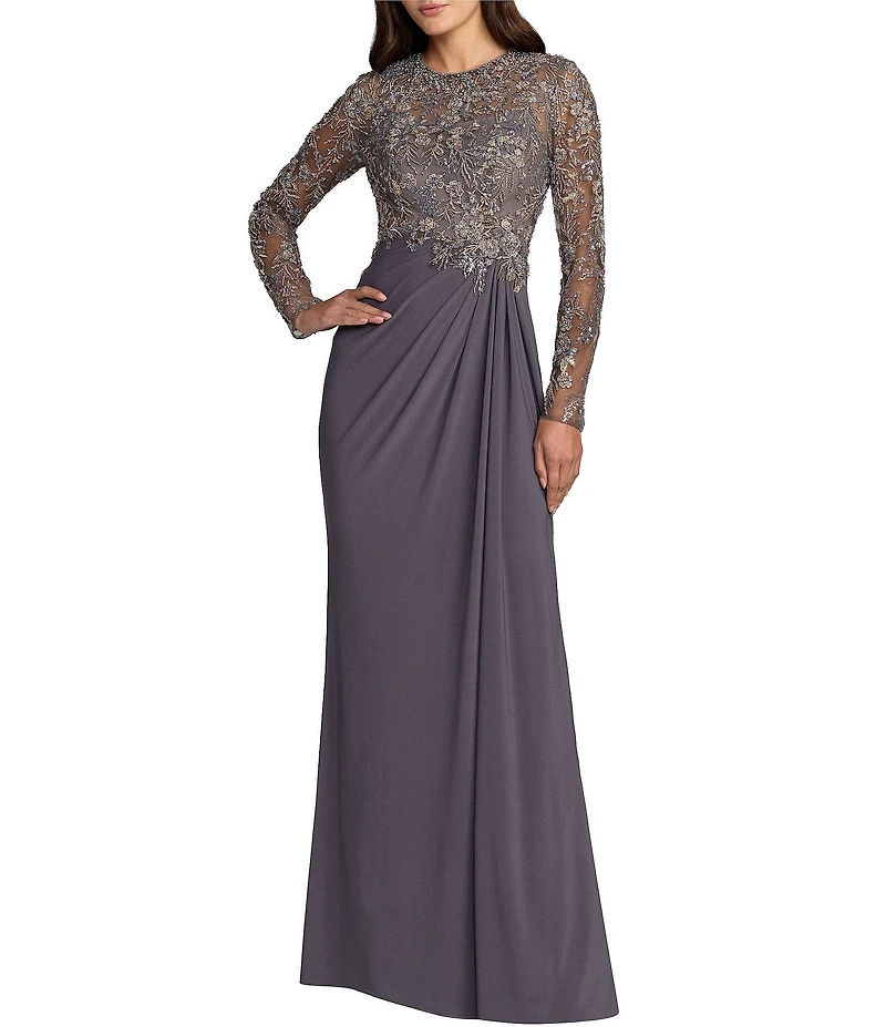 Mac Duggal Long Sleeve Jersey Beaded Embroidered Gown