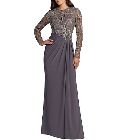 Mac Duggal Long Sleeve Jersey Beaded Embroidered Gown