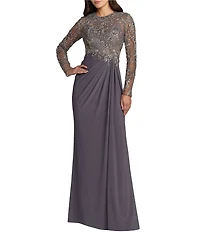 Mac Duggal Long Sleeve Jersey Beaded Embroidered Gown