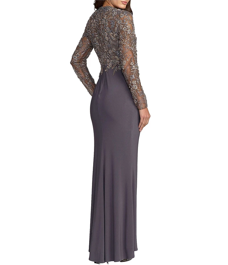 Mac Duggal Long Sleeve Jersey Beaded Embroidered Gown