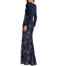 Mac Duggal Long Sleeve Jersey Top With Embroidered Skirt Gown