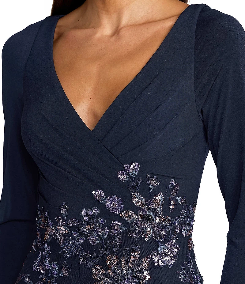 Mac Duggal Long Sleeve Jersey Top With Embroidered Skirt Gown