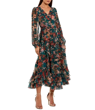 Mac Duggal Long Sleeve Mesh A Line Floral Print Midi Dress With Ruffles