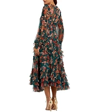 Mac Duggal Long Sleeve Mesh A Line Floral Print Midi Dress With Ruffles