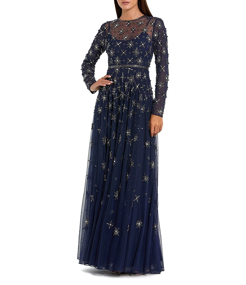Mac Duggal Long Sleeve Mesh Crystal Embellished Gown