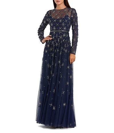 Mac Duggal Long Sleeve Mesh Crystal Embellished Gown