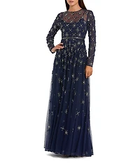 Mac Duggal Long Sleeve Mesh Crystal Embellished Gown