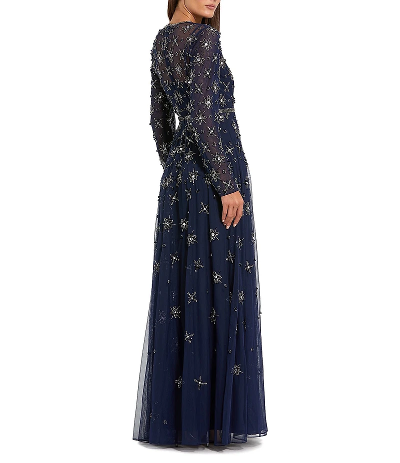 Mac Duggal Long Sleeve Mesh Crystal Embellished Gown