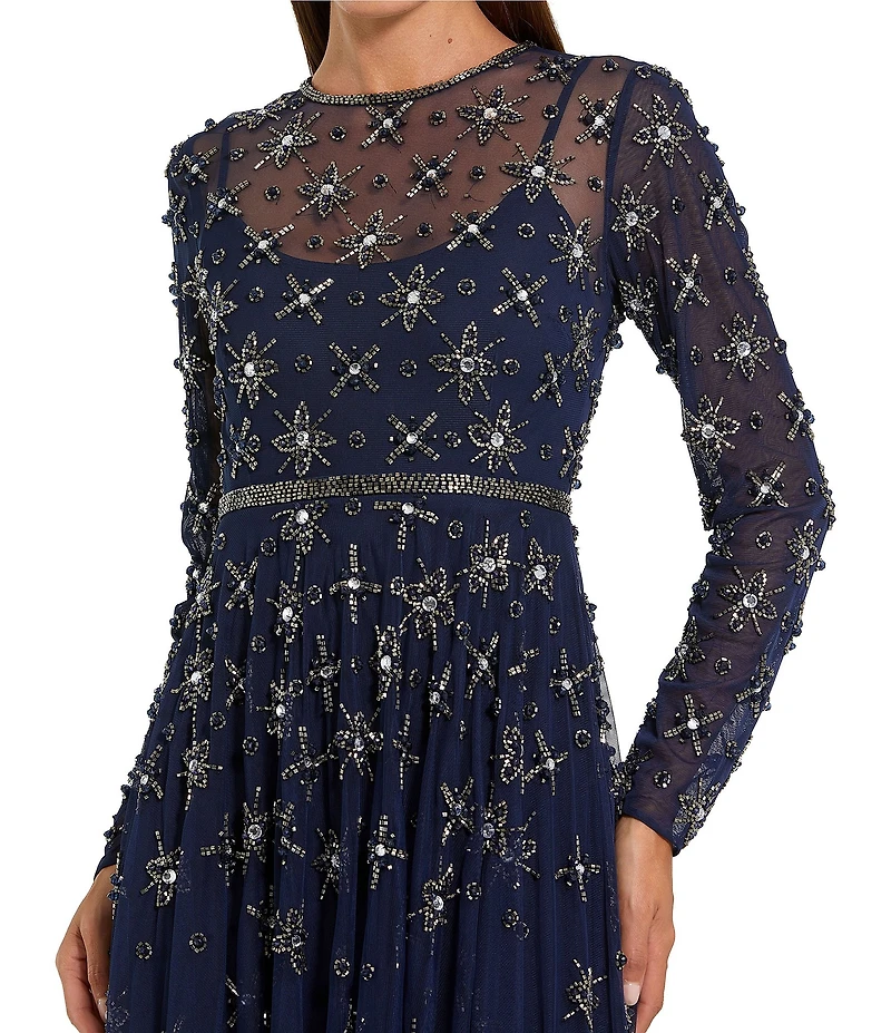 Mac Duggal Long Sleeve Mesh Crystal Embellished Gown