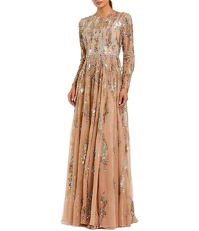 Mac Duggal Long Sleeve Mesh Embellished Gown