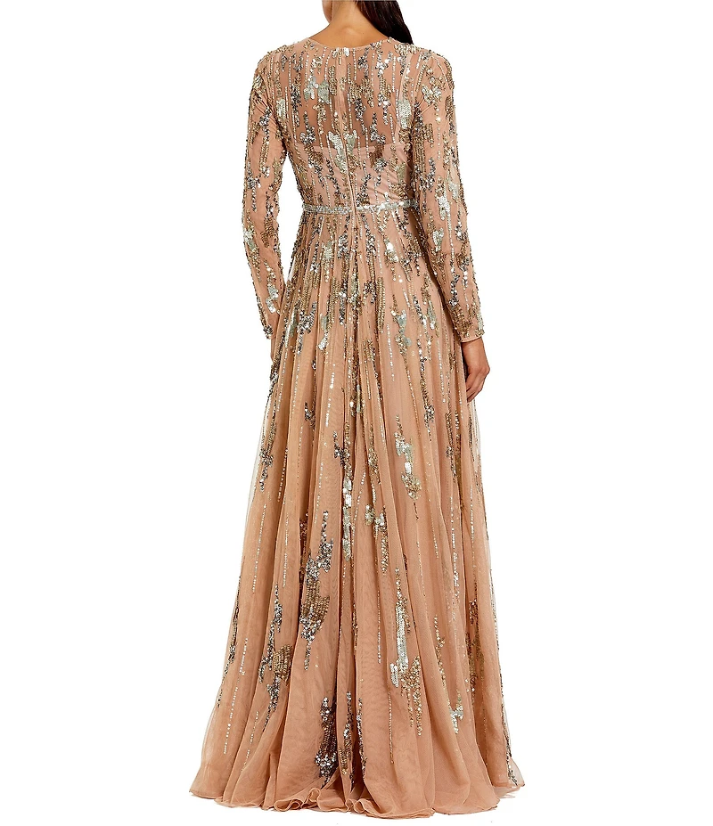 Mac Duggal Long Sleeve Mesh Embellished Gown