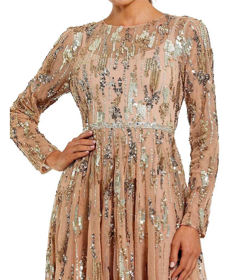 Mac Duggal Long Sleeve Mesh Embellished Gown