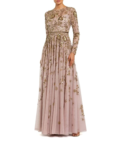 Mac Duggal Long Sleeve Mesh Floral Embellished Gown