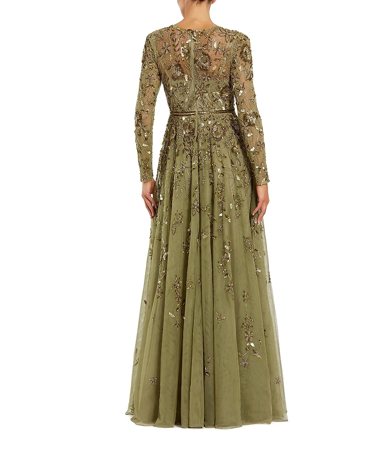 Mac Duggal Long Sleeve Mesh Floral Embellished Gown