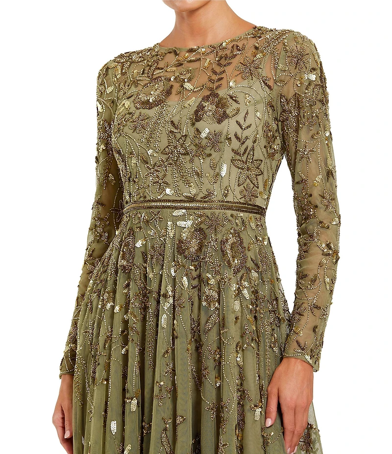 Mac Duggal Long Sleeve Mesh Floral Embellished Gown