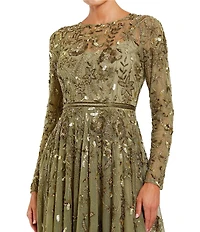 Mac Duggal Long Sleeve Mesh Floral Embellished Gown