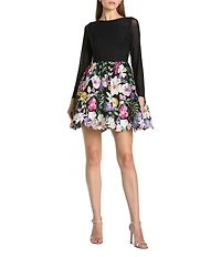 Mac Duggal Long Sleeve Mesh Mini Dress With Floral Embroidery