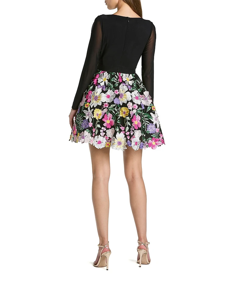 Mac Duggal Long Sleeve Mesh Mini Dress With Floral Embroidery