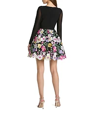Mac Duggal Long Sleeve Mesh Mini Dress With Floral Embroidery