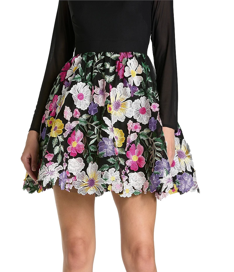 Mac Duggal Long Sleeve Mesh Mini Dress With Floral Embroidery