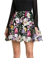Mac Duggal Long Sleeve Mesh Mini Dress With Floral Embroidery
