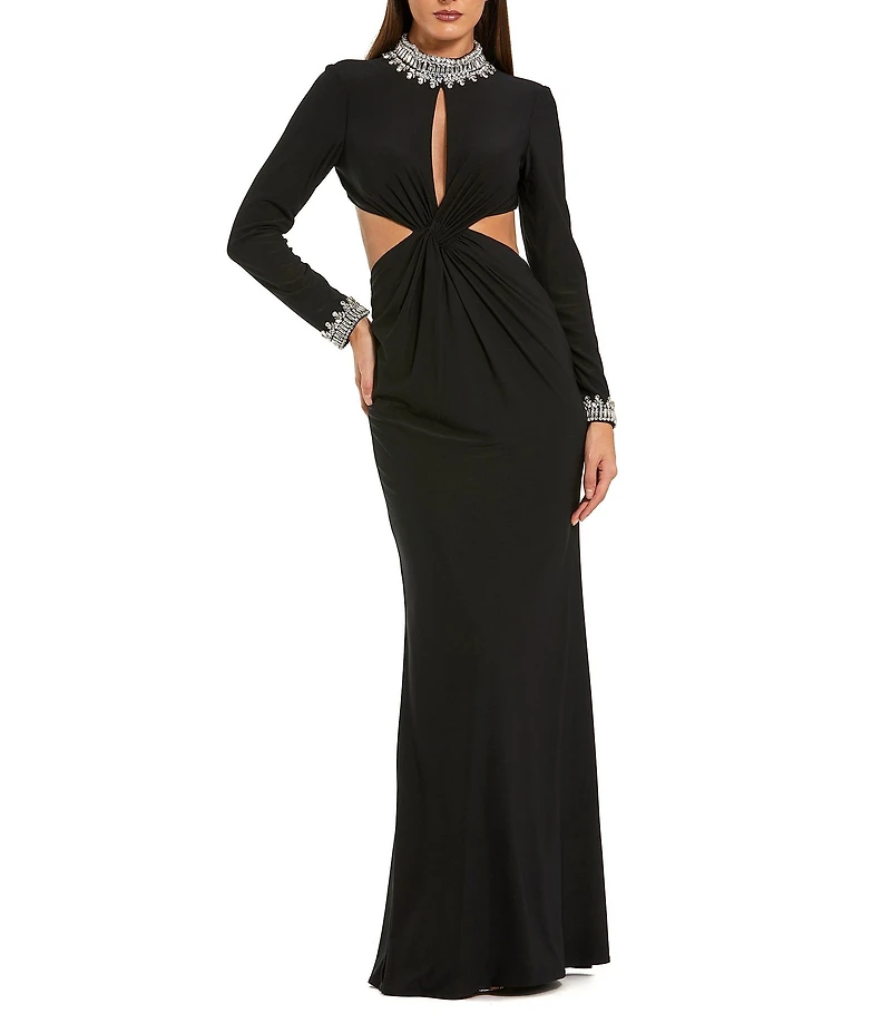 Mac Duggal Long Sleeve Mock Neck Beaded Jersey Cut Out Gown