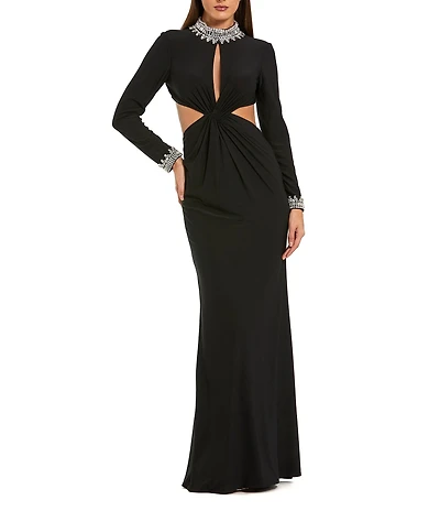 Mac Duggal Long Sleeve Mock Neck Beaded Jersey Cut Out Gown